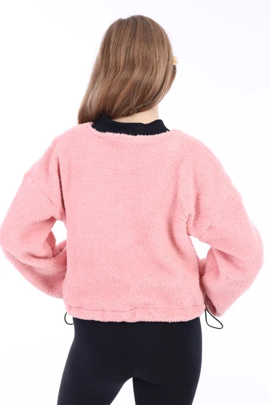 Toontoy Kız Çocuk Kolej Yaka Fermuarlı Düşük Omuz Baskılı Peluş Hırka - Beli Ayarlanabilir Lastikli - 7