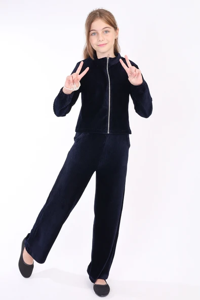 Kız Çocuk 2'li Takım Dik Yaka Fermuarlı Sweatshirt & Beli Lastikli Cepli Bol Paça Eşofman Altı - Kadife - Resim 5