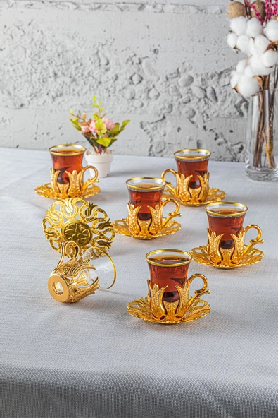 Hanedan 6 Kişilik 18 Parça Altın Renkli Çay Bardağı Sunum Seti - 2