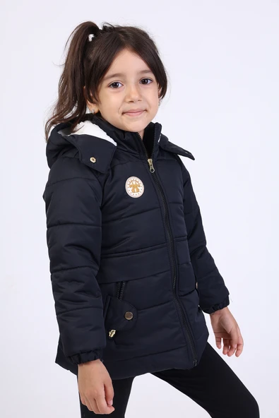 Toontoy Kız Çocuk Su İtici Kapüşonlu Fermuarlı Cepli Mont - İçi Suni Kürklü - 1