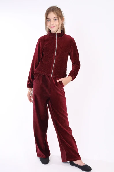 Kız Çocuk 2'li Takım Dik Yaka Fermuarlı Sweatshirt & Beli Lastikli Cepli Bol Paça Eşofman Altı - Kadife - Resim 10