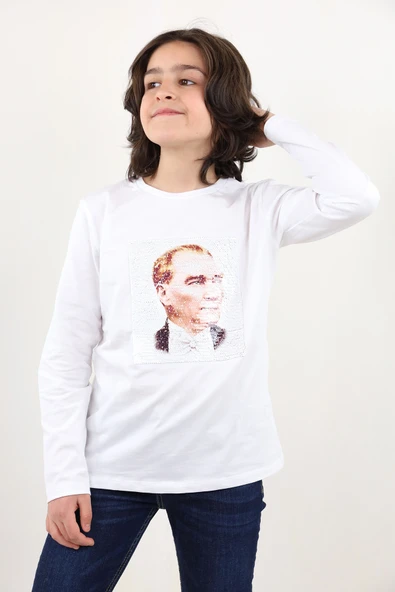 Toontoy Unisex Çocuk Atatürk Bayraklı Çift Taraflı Pullu Tişört - 5