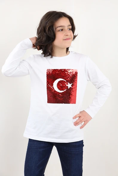 Toontoy Unisex Çocuk Atatürk Bayraklı Çift Taraflı Pullu Tişört - 9
