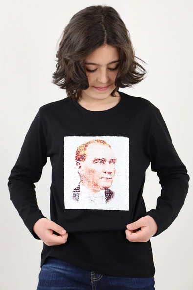 Toontoy Unisex Çocuk Atatürk Bayraklı Çift Taraflı Pullu Tişört - 10