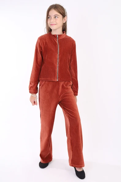 Kız Çocuk 2'li Takım Dik Yaka Fermuarlı Sweatshirt & Beli Lastikli Cepli Bol Paça Eşofman Altı - Kadife - Resim 4