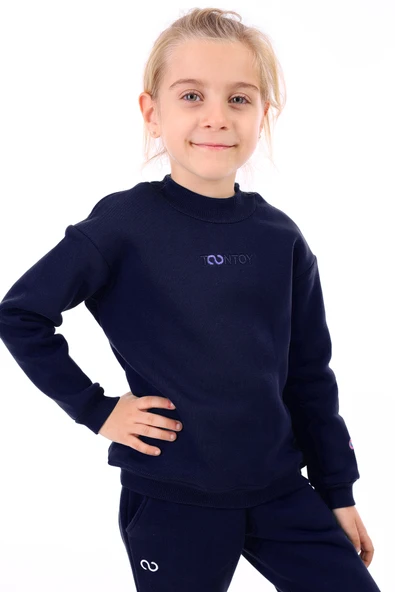 Toontoy Kız Çocuk Relax Fit Bisiklet Yaka Hafif Düşük Omuz Nakış Baskılı Sweatshirt - 3 İplik Şardonlu - Resim 7