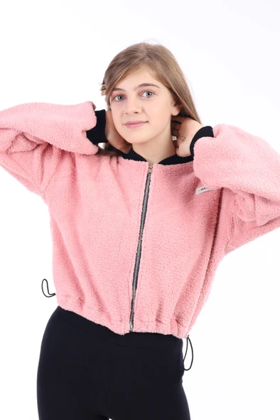 Toontoy Kız Çocuk Kolej Yaka Fermuarlı Düşük Omuz Baskılı Peluş Hırka - Beli Ayarlanabilir Lastikli - 6