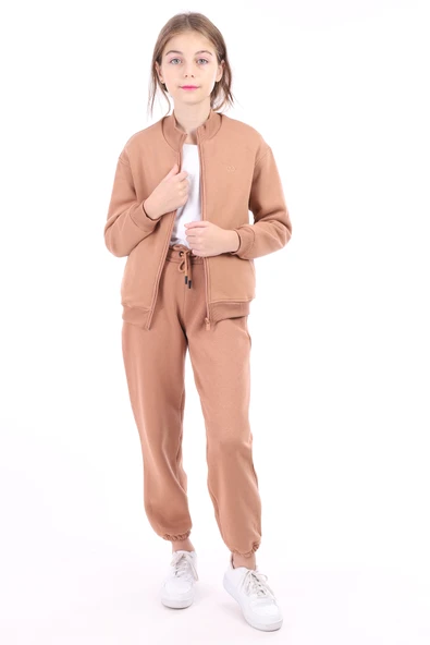 Toontoy Kız Çocuk Dik Yaka Fermuarlı Düşük Omuz Örme Hırka - 2 İplik Şardonlu ürün görseli