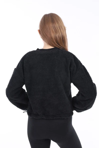 Toontoy Kız Çocuk Kolej Yaka Fermuarlı Düşük Omuz Baskılı Peluş Hırka - Beli Ayarlanabilir Lastikli - 5