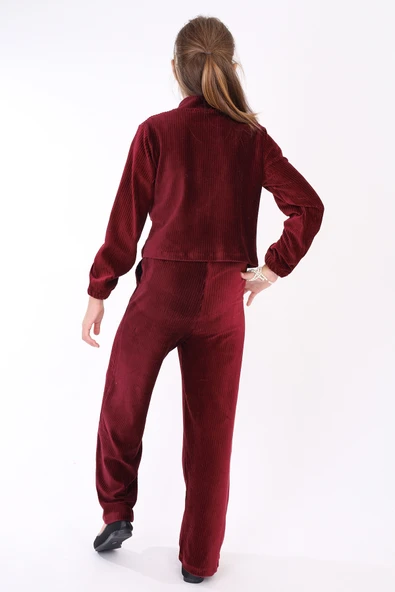 Kız Çocuk 2'li Takım Dik Yaka Fermuarlı Sweatshirt & Beli Lastikli Cepli Bol Paça Eşofman Altı - Kadife - Resim 9