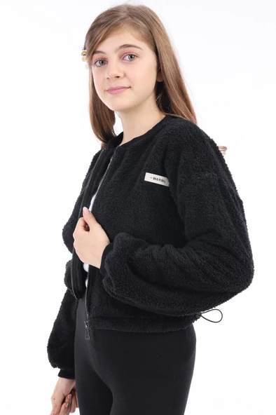 Toontoy Kız Çocuk Kolej Yaka Fermuarlı Düşük Omuz Baskılı Peluş Hırka - Beli Ayarlanabilir Lastikli - 3