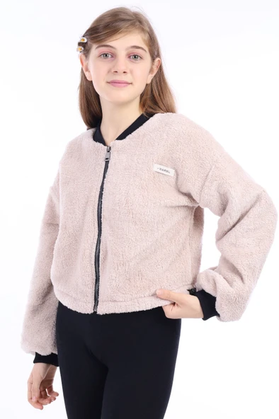 Toontoy Kız Çocuk Kolej Yaka Fermuarlı Düşük Omuz Baskılı Peluş Hırka - Beli Ayarlanabilir Lastikli