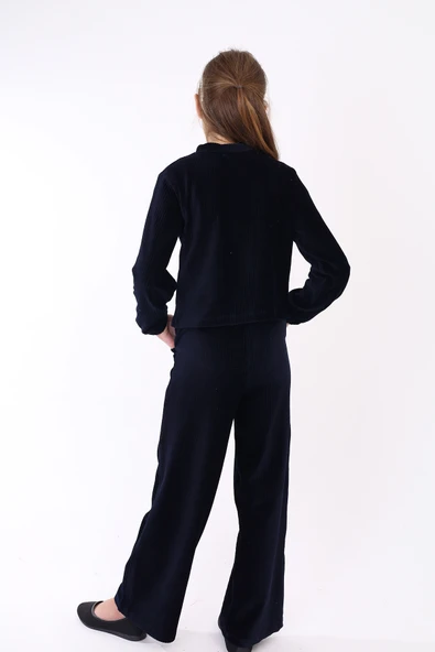 Kız Çocuk 2'li Takım Dik Yaka Fermuarlı Sweatshirt & Beli Lastikli Cepli Bol Paça Eşofman Altı - Kadife - Resim 6