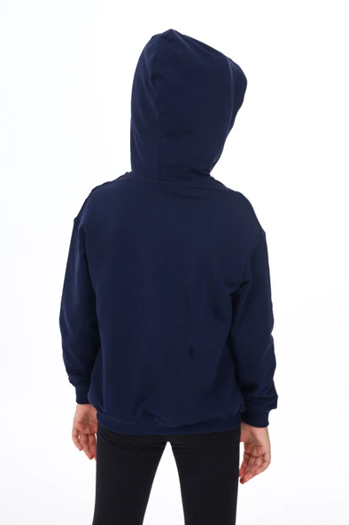 Toontoy Kız Çocuk Kapüşonlu Fermuarlı Cepli Düşük Omuz Nakış Baskılı Örme Hırka - 2 İplik - 11