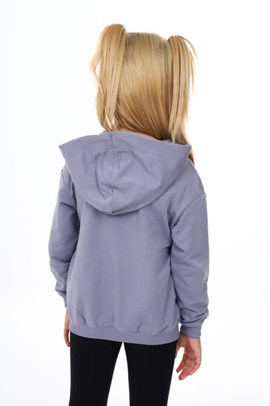 Toontoy Kız Çocuk Kapüşonlu Fermuarlı Cepli Düşük Omuz Nakış Baskılı Örme Hırka - 2 İplik - 7