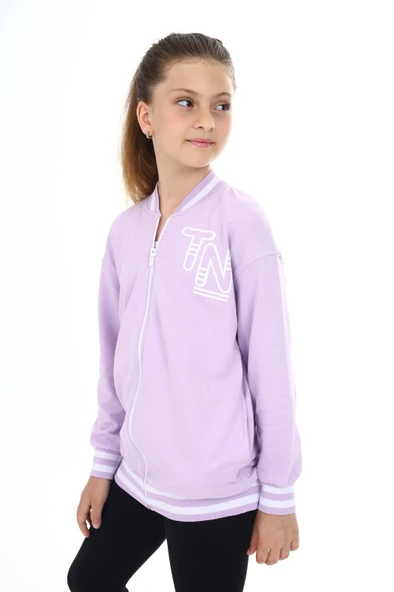 Toontoy Kız Çocuk Kolej Yaka Fermuarlı Düşük Omuz Baskılı Örme Hırka - 2 İplik - 2