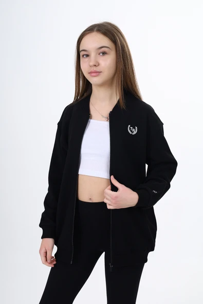 Toontoy Kız Çocuk Kolej Yaka Fermuarlı Cepli Düşük Omuz Baskılı Örme Hırka - 2 İplik Şardonlu - Resim 5