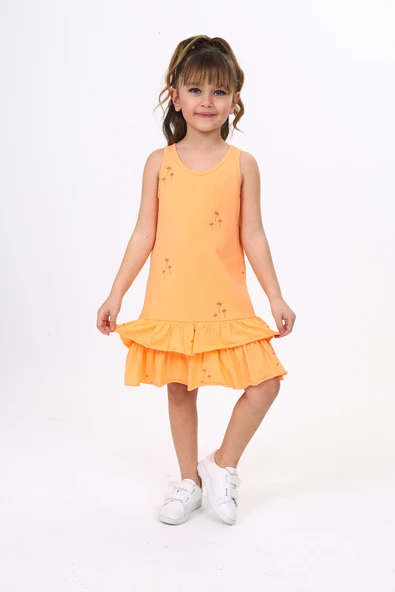 Toontoy Kız Çocuk Fırfırlı Palmiye Ağacı Baskılı Elbise - 12