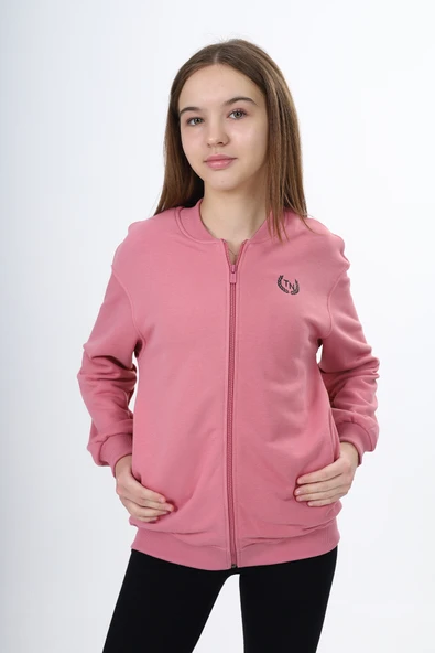 Toontoy Kız Çocuk Kolej Yaka Fermuarlı Cepli Düşük Omuz Baskılı Örme Hırka - 2 İplik Şardonlu - Resim 3