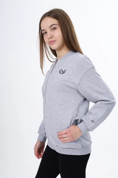 Toontoy Kız Çocuk Kolej Yaka Fermuarlı Cepli Düşük Omuz Baskılı Örme Hırka - 2 İplik Şardonlu - Resim 12