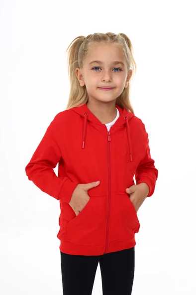 Toontoy Kız Çocuk Kapüşonlu Fermuarlı Cepli Düşük Omuz Nakış Baskılı Örme Hırka - 2 İplik - 2