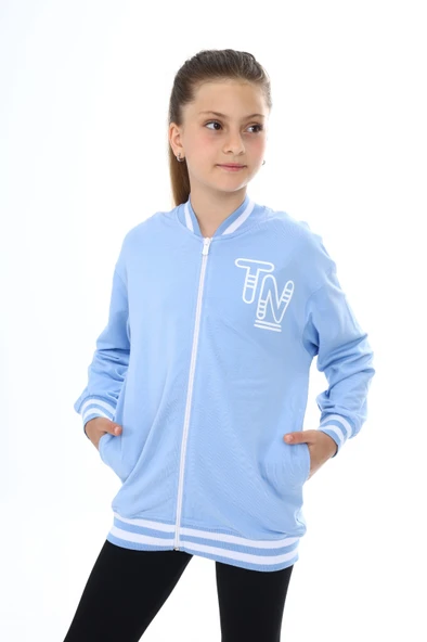 Toontoy Kız Çocuk Kolej Yaka Fermuarlı Düşük Omuz Baskılı Örme Hırka - 2 İplik - 5