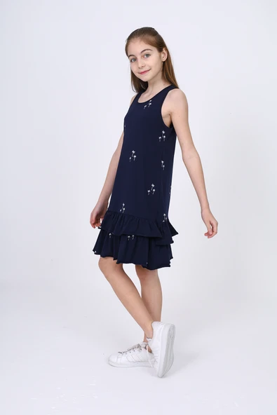 Toontoy Kız Çocuk Fırfırlı Palmiye Ağacı Baskılı Elbise - 3