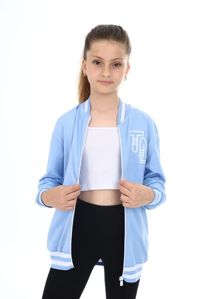 Toontoy Kız Çocuk Kolej Yaka Fermuarlı Düşük Omuz Baskılı Örme Hırka - 2 İplik - 6