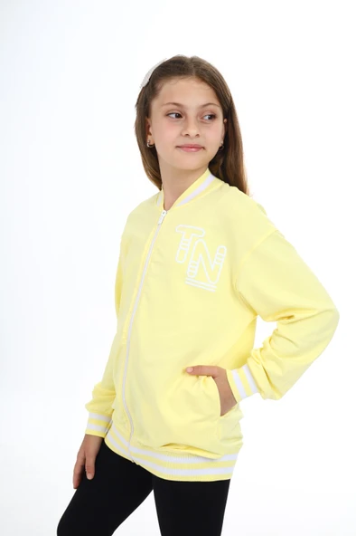 Toontoy Kız Çocuk Kolej Yaka Fermuarlı Düşük Omuz Baskılı Örme Hırka - 2 İplik - 9