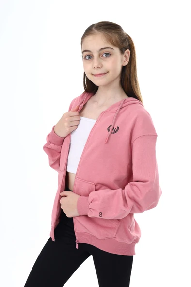 Toontoy Kız Çocuk Kapüşonlu Fermuarlı Cepli Düşük Omuz Nakış Baskılı Örme Hırka - 2 İplik - 8