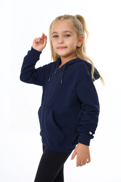 Toontoy Kız Çocuk Kapüşonlu Fermuarlı Cepli Düşük Omuz Nakış Baskılı Örme Hırka - 2 İplik - 10