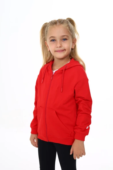 Toontoy Kız Çocuk Kapüşonlu Fermuarlı Cepli Düşük Omuz Nakış Baskılı Örme Hırka - 2 İplik - 12