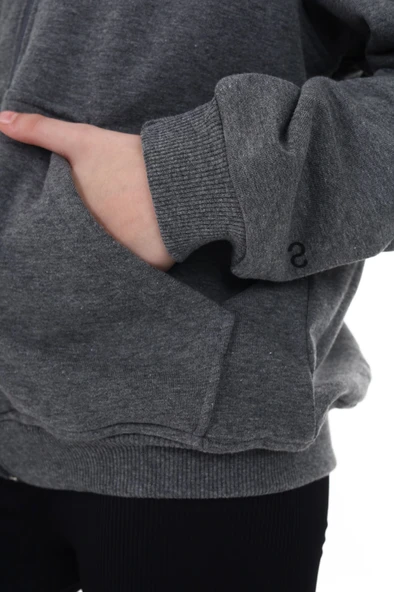 Toontoy Kız Çocuk Kapüşonlu Fermuarlı Cepli Düşük Omuz Nakış Baskılı Örme Hırka - 2 İplik - 10