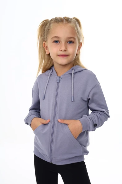 Toontoy Kız Çocuk Kapüşonlu Fermuarlı Cepli Düşük Omuz Nakış Baskılı Örme Hırka - 2 İplik