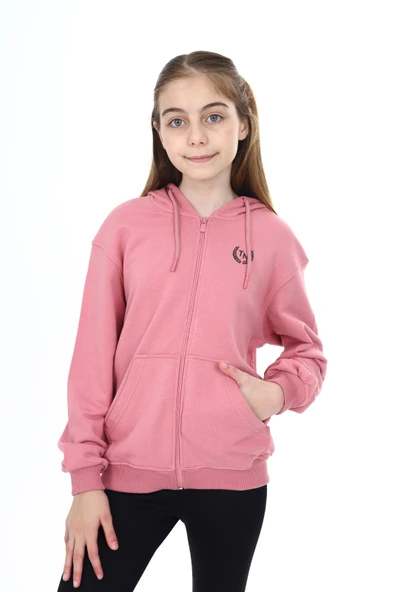 Toontoy Kız Çocuk Kapüşonlu Fermuarlı Cepli Düşük Omuz Nakış Baskılı Örme Hırka - 2 İplik