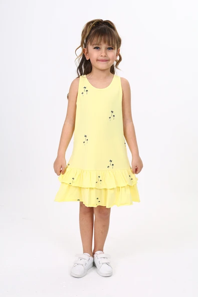 Toontoy Kız Çocuk Fırfırlı Palmiye Ağacı Baskılı Elbise - 9