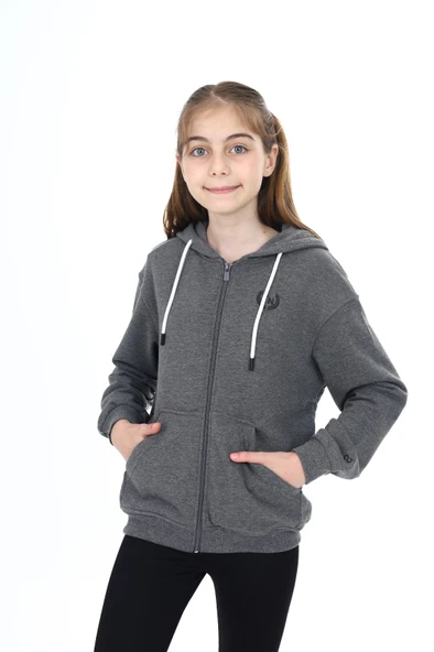 Toontoy Kız Çocuk Kapüşonlu Fermuarlı Cepli Düşük Omuz Nakış Baskılı Örme Hırka - 2 İplik - 3