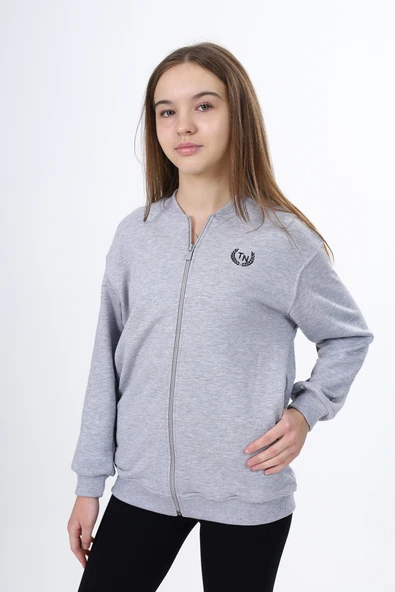 Toontoy Kız Çocuk Kolej Yaka Fermuarlı Cepli Düşük Omuz Baskılı Örme Hırka - 2 İplik Şardonlu - Resim 11