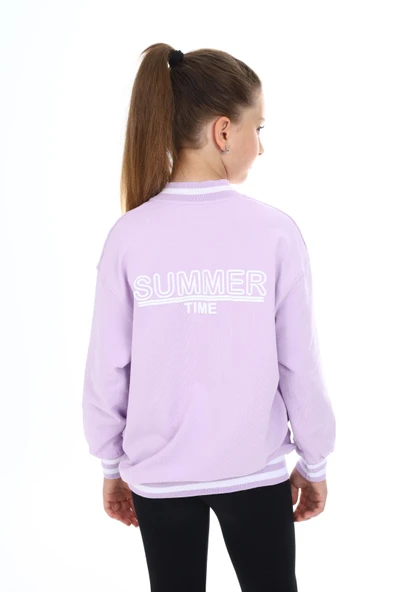 Toontoy Kız Çocuk Kolej Yaka Fermuarlı Düşük Omuz Baskılı Örme Hırka - 2 İplik - 4