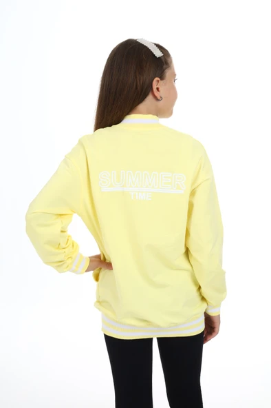 Toontoy Kız Çocuk Kolej Yaka Fermuarlı Düşük Omuz Baskılı Örme Hırka - 2 İplik - 11