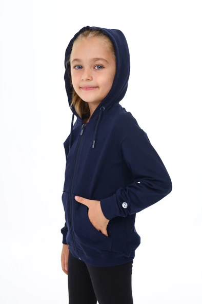 Toontoy Kız Çocuk Kapüşonlu Fermuarlı Cepli Düşük Omuz Nakış Baskılı Örme Hırka - 2 İplik - 9