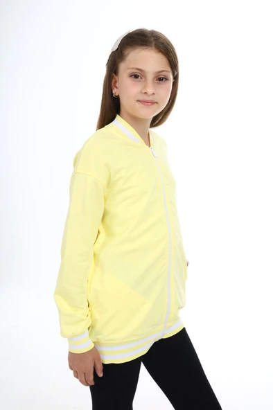 Toontoy Kız Çocuk Kolej Yaka Fermuarlı Düşük Omuz Baskılı Örme Hırka - 2 İplik - 10