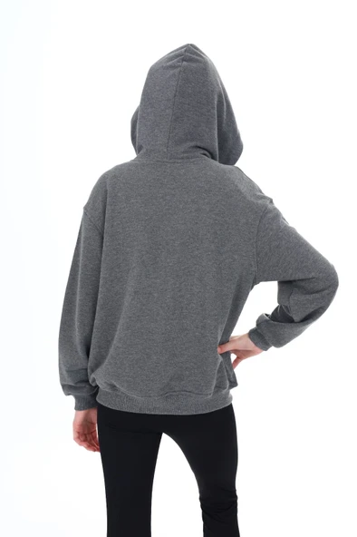 Toontoy Kız Çocuk Kapüşonlu Fermuarlı Cepli Düşük Omuz Nakış Baskılı Örme Hırka - 2 İplik - 11