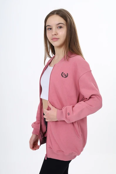 Toontoy Kız Çocuk Kolej Yaka Fermuarlı Cepli Düşük Omuz Baskılı Örme Hırka - 2 İplik Şardonlu - Resim 2