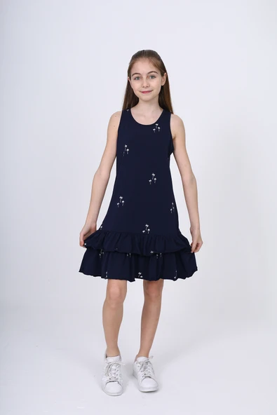 Toontoy Kız Çocuk Fırfırlı Palmiye Ağacı Baskılı Elbise