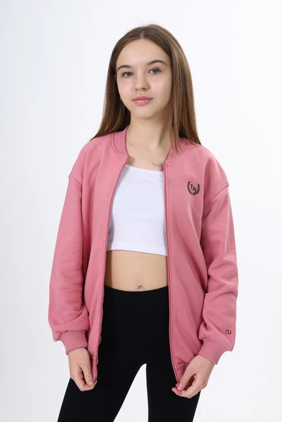 Toontoy Kız Çocuk Kolej Yaka Fermuarlı Cepli Düşük Omuz Baskılı Örme Hırka - 2 İplik Şardonlu ürün görseli