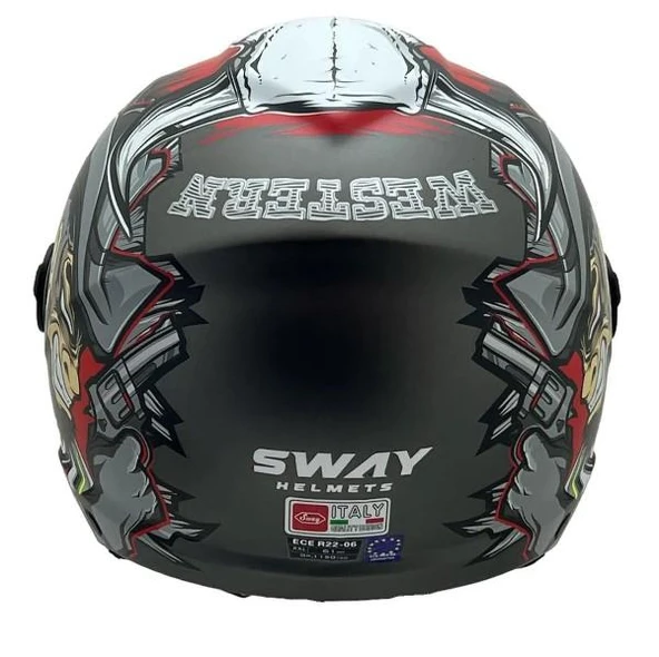 Sway 765 Çenesiz Aynalı Güneş Vizörlü Açık Motosiklet Kaskı S Beden Wanted Siyah Kırmızı - 10