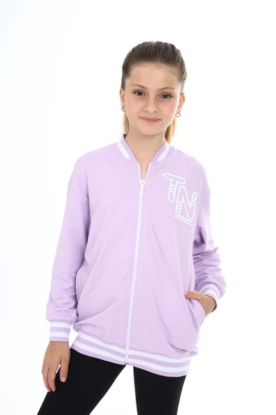 Toontoy Kız Çocuk Kolej Yaka Fermuarlı Düşük Omuz Baskılı Örme Hırka - 2 İplik