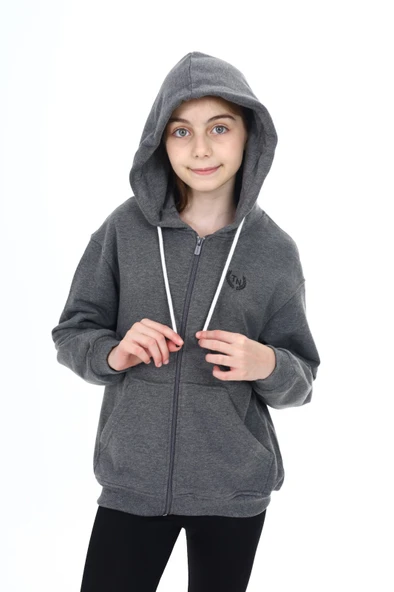 Toontoy Kız Çocuk Kapüşonlu Fermuarlı Cepli Düşük Omuz Nakış Baskılı Örme Hırka - 2 İplik - 9