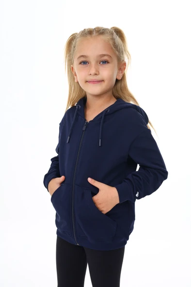 Toontoy Kız Çocuk Kapüşonlu Fermuarlı Cepli Düşük Omuz Nakış Baskılı Örme Hırka - 2 İplik - 8